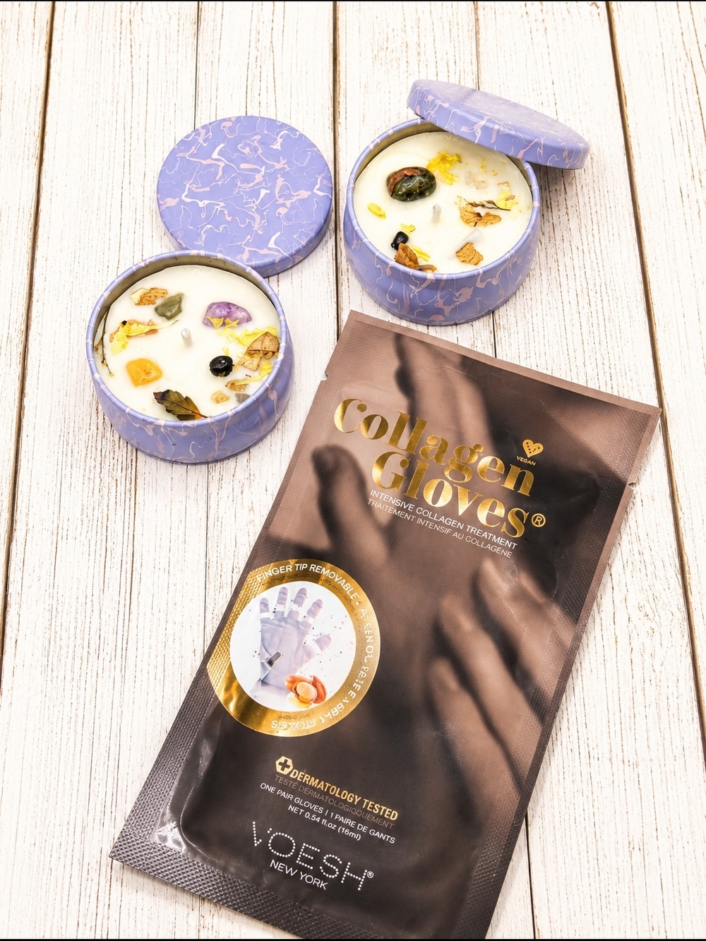Collagen Gloves Intensive Hand Treatment & Soy Candles With Natural Stones
